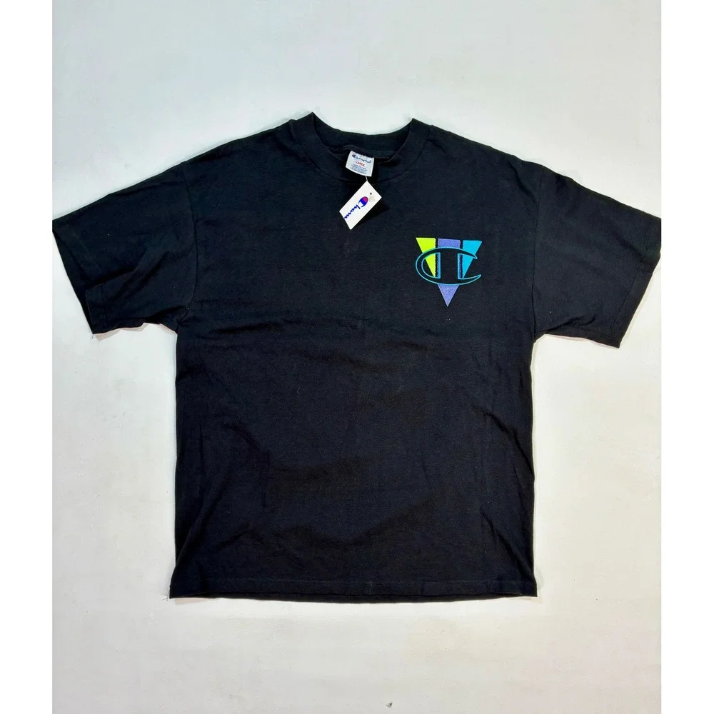 Vintage Champion Men's Black Cotton Graphic T-Shirt Large Retro Unisex Tshirt - Picture 1 of 14